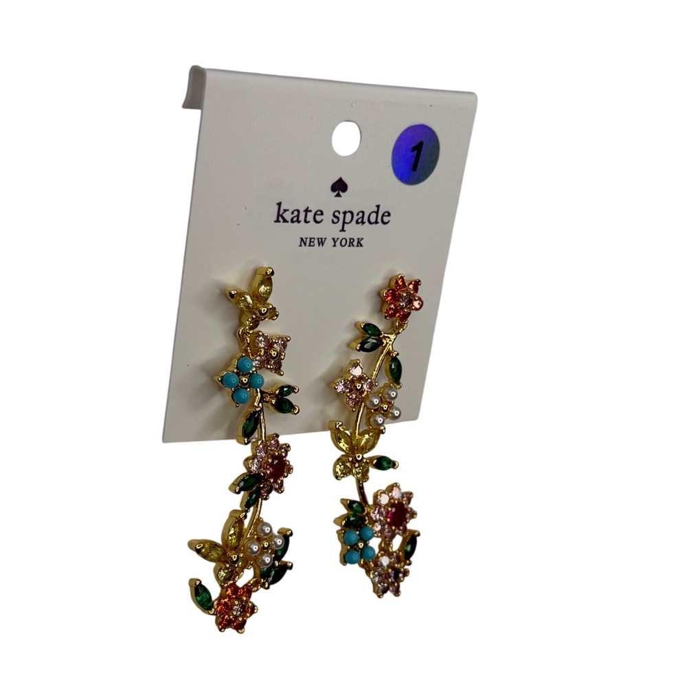 Kate Spade Floral Garden Butterfly Linear Drop Earrings Multicolor Gold NWT Boho - Picture 2 of 5